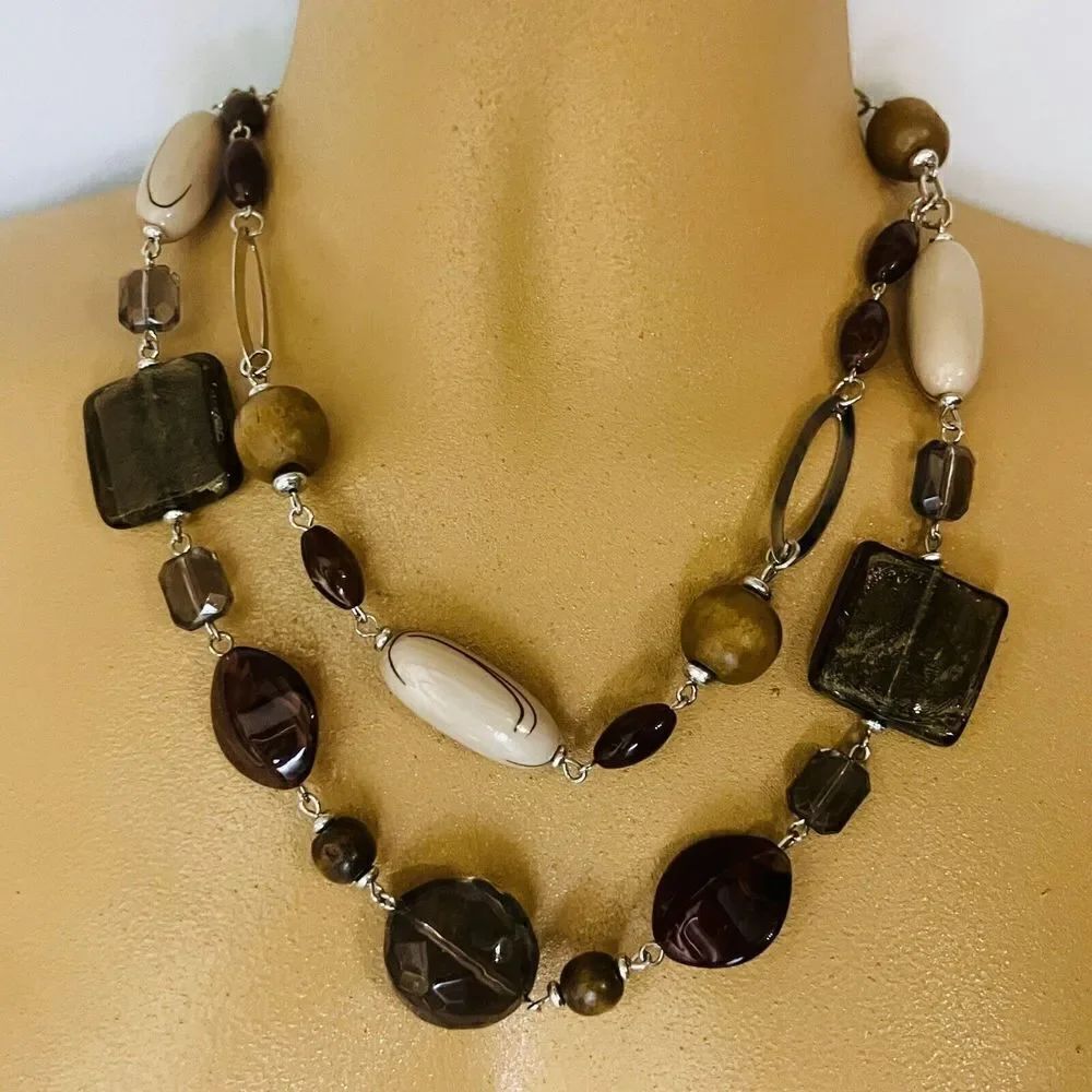 Premier Designs SABLE 2 Strand Necklace Earth Tones Chunky Beads Glass Resin